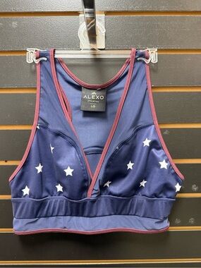 Alexo Athletica Star Print Sports Bra Navy Blue Racerback Workout Top LG